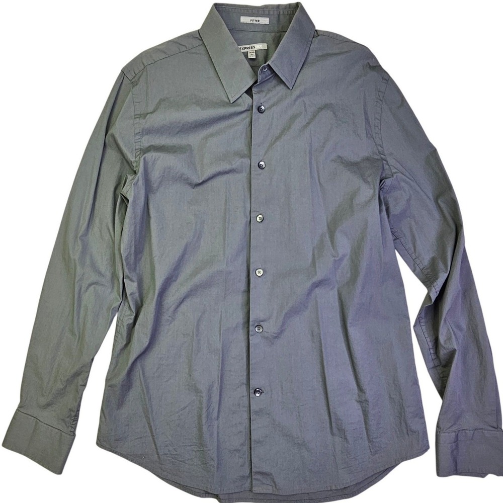 Express 1MX Mens Gray Fitted Long Sleeve Button Down Dress Shirt Size L 16-16.5